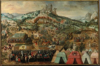 Een Belegering bij Therouanne, met een leger geleid door Karel V onder de stad door Herri met de Bles