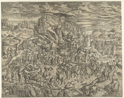 Landschap met Kruisdraging door Herri met de Bles