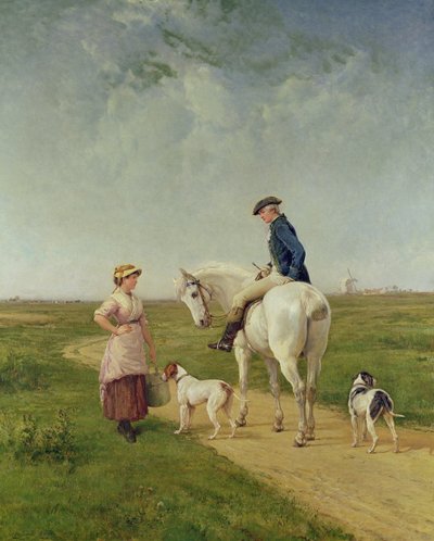 Melkmeisje praat met een Kavalier door Heywood Hardy