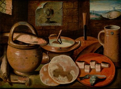 Dutch: Stilleven met aardewerk, haring en pannekoeken; rechts een doorkijk naar een paar in een landschap met galg en molen Still Life with a Poor Man