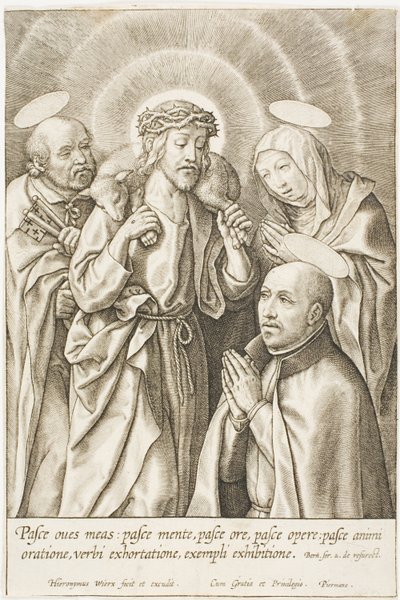 Ignatius van Loyola knielend voor Christus, de Maagd en Petrus door Hieronymous Wierix