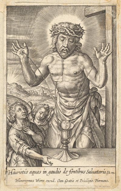 Het bloed van de Verlosser vereerd door twee engelen, voor 1619 door Hieronymous Wierix