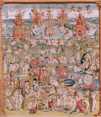 Vlaamse wandtapijt. Serie Vier wandtapijten naar Jheronimus Bosch. De tuin der lusten. Vierde wandtapijt in de serie. Model Geïnspireerd door het werk van Jheronimus Bosch. Atelier Onbekende werkplaats, Brussel. Voor 1560. Stof door Hieronymus (after) Bosch