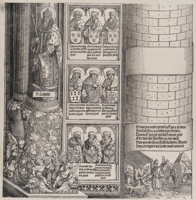 Maximiliaan als architect, met een standbeeld van Sint Leopold en bustes van Maximiliaans voorouders, 1517-1518 door Hieronymus Andreae