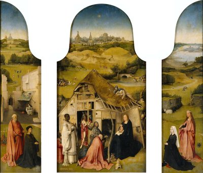 Aanbidding der Koningen, Interieur (Sint Pieter met schenker, Aanbidding der Koningen, Sint Agnes met schenker) door Hieronymus Bosch