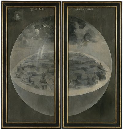 De tuin der lusten. Drieluik, achterzijde: De schepping door Hieronymus Bosch