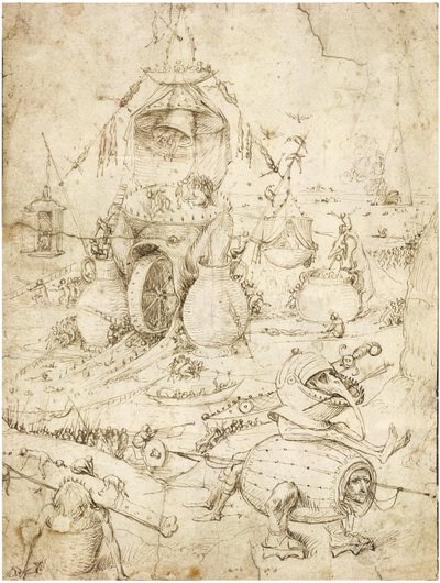 Infernaal Landschap door Bosch, Jheronimus (ca. 1450-1516). Pen, bruine Indiase inkt op papier, ca. 1500, Privécollectie door Hieronymus Bosch