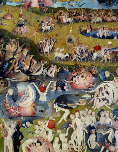 Mannen en vrouwen genieten van de geneugten van de aarde. (detail) door Hieronymus Bosch