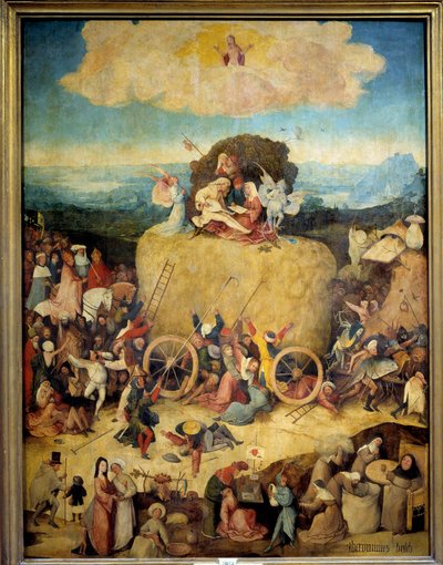 De Allegorie Hooiwagen van mannen en vrouwen die proberen het meeste uit het heden te halen. Centraal paneel van het allegorische drieluik over het Verleden, het heden van Hieronymus Van Aeken (Aken) bekend als Jeroen Bosch (1450-1516), ca. 1490. Madrid, P door Hieronymus Bosch