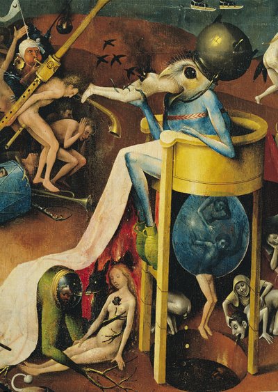 De tuin der lusten: Hel, rechtervleugel van drieluik, detail van blauwe vogel-man op een kruk, ca. 1500 (detail) door Hieronymus Bosch