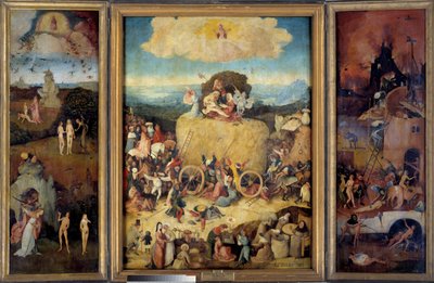 De hooiwagen Allegorie van het Verleden, het Heden en de Toekomst. Linker paneel voorstellende de schepping van Adam en Eva, de erfzonde en de verdrijving van Adam en Eva uit het aardse Paradijs. In het midden, een voorstelling van de tumult van de menigte door Hieronymus Bosch