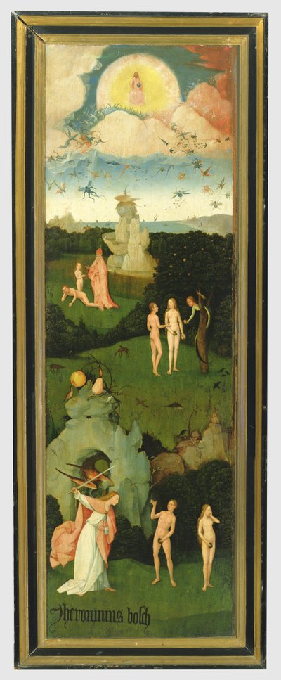 De hooiwagen: linkervleugel van het drieluik dat de Hof van Eden afbeeldt, c.1500 door Hieronymus Bosch
