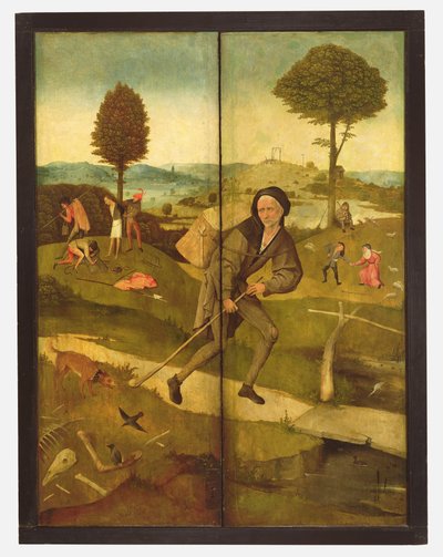 De Hooiwagen, met gesloten panelen die Everyman laten zien die het Pad van het Leven bewandelt door Hieronymus Bosch