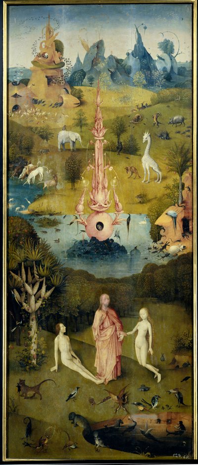 Het Paradijs, De schepping van Adam en Eva (linker paneel van De Tuin der Lusten) door Hieronymus Bosch