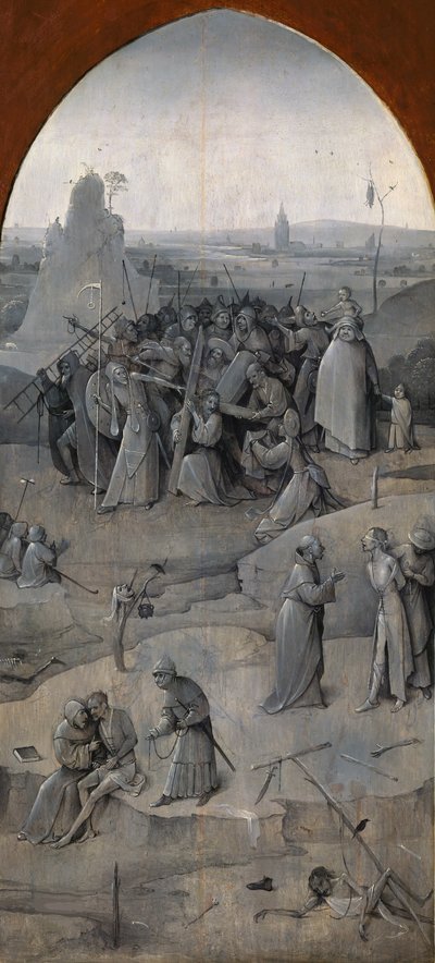 De Verzoeking van Sint Antonius. Drieluik, achterzijde: Christus die het Kruis Draagt, 1500-1501 door Hieronymus Bosch