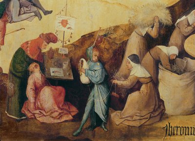 De tandentrekker, de doedelzakspeler en de houtverzamelaars, detail van het centrale paneel van De Hooimijt Drieluik, ca.1515 (detail) door Hieronymus Bosch