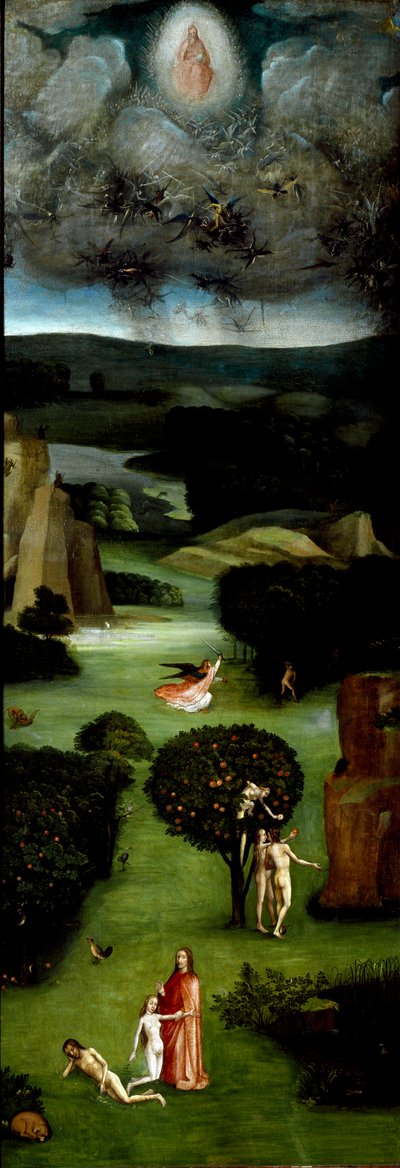 Drieluik van het Laatste Oordeel: linker paneel dat Adam en Eva in het Paradijs voorstelt door Hieronymus Bosch