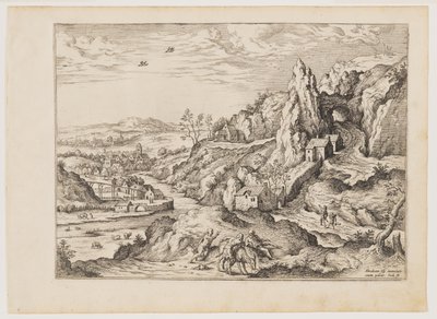 Abraham en Isaak op weg naar het offer, uit Landschappen met Bijbelse en Mythologische Scènes door Hieronymus Cock