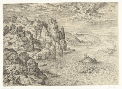 Kustlandschap met Hero en Leander (Landschappen met bijbelse en mythologische scènes) door Hieronymus Cock