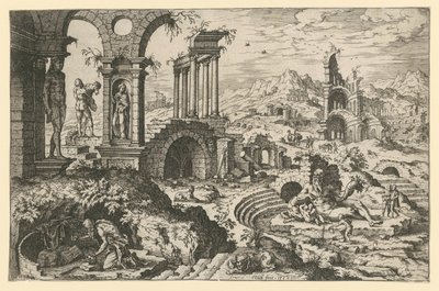 De heilige Hiëronymus in een landschap vol ruïnes door Hieronymus Cock