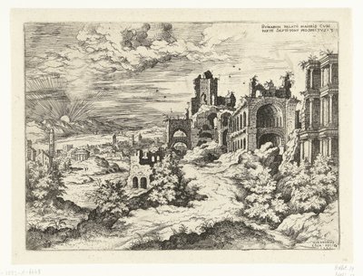 Gezicht op de Palatijn met zonsopgang door Hieronymus Cock