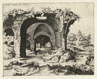 Gezicht op een ruïne te Rome door Hieronymus Cock