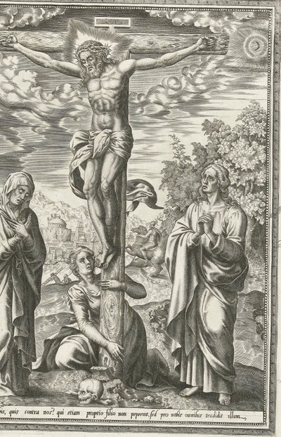 Kruisiging met Maria, Johannes de Doper en Maria Magdalena door Hieronymus Cock