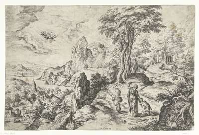 Landschap met het offer van Isaak door Hieronymus Cock