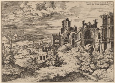 Ruïnes op de Palatijn met een panoramisch landschap door Hieronymus Cock