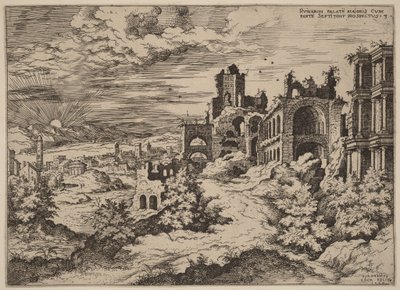 Ruïnes op de Palatijn met een panoramisch uitzicht door Hieronymus Cock