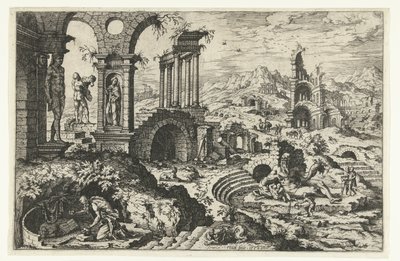 Ruïnelandschap met de boetvaardige Hieronymus door Hieronymus Cock