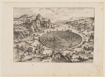 Het Kretenzische labyrint, uit Landschappen met bijbelse en mythologische scènes door Hieronymus Cock