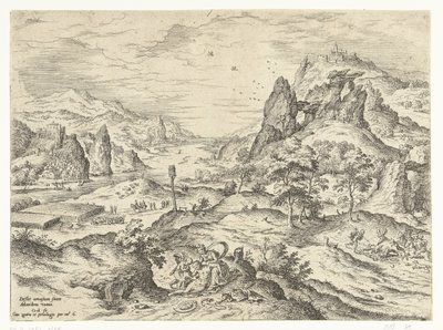 Venus treurt over de dood van Adonis Landschappen met bijbelse en mythologische scènes (serietitel) door Hieronymus Cock