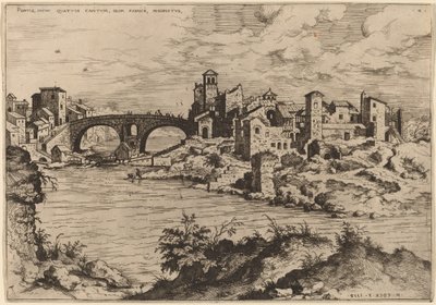 Uitzicht op de Ponte Quattro Capi en het eiland van de Tiber door Hieronymus Cock
