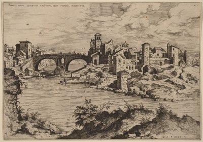 Uitzicht op de Ponte Quattro Capi en het eiland in de Tiber door Hieronymus Cock