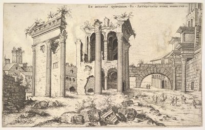 Uitzicht op niet-geïdentificeerde ruïnes met trabeate gevel links, arcades in het midden en boog rechts door Hieronymus Cock