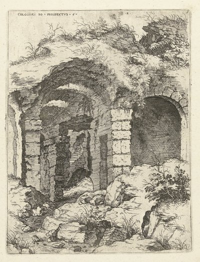 Zesde gezicht op het Colosseum te Rome Colossæi ro prospectvs 6 Romeinse ruïnes door Hieronymus Cock