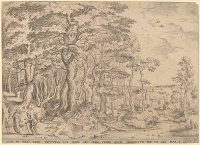 Landschap met de verzoeking van Christus door Hieronymus Cock after Pieter Bruegel the Elder