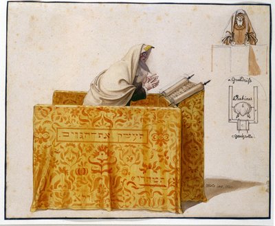 Rabbi in een synagoge, tekening door Hieronymus Hess, project voor beeldje. Joods Museum Basel, Zwitserland door Hieronymus Hess