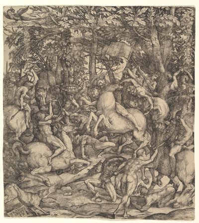 Slag tussen cavalerie en infanterie in een bos door Hieronymus Hopfer
