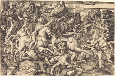 Gevecht tussen Ruiters en Voetsoldaten door Hieronymus Hopfer after Raphael