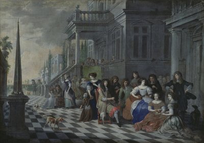 Personages die muziek maken voor een paleis, 1672 door Hieronymus Janssens
