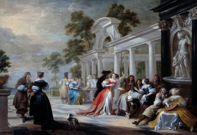 Het spel Hete Hand. Jongeren van de Vlaamse adel spelen in een park door Hieronymus Janssens