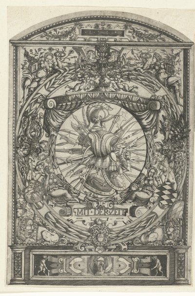 Medaillon met wapentrofee in ornamentale omlijsting door Hieronymus Wechinger