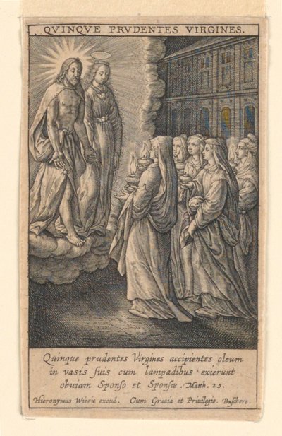 De vijf wijze maagden, uit de suite "Speculum Virginitatis" door Hieronymus Wierix