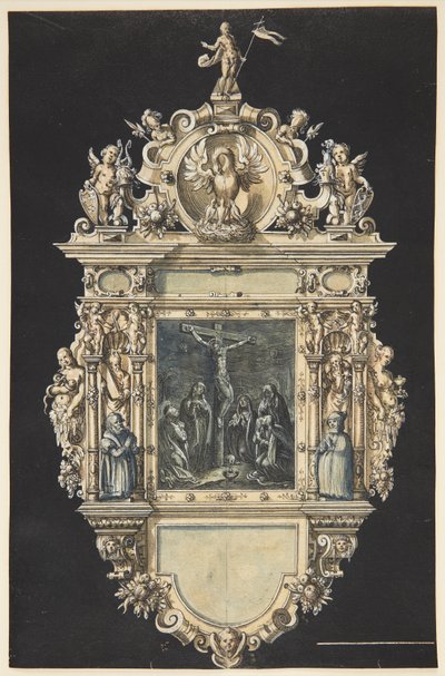 Ontwerp voor een epitaaf met de kruisiging van Christus. Een rijk versierde lijst met talrijke figuren door Hieronymus Wierix