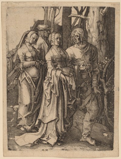 De twee koppels in het bos door Hieronymus Wierix after Lucas van Leyden