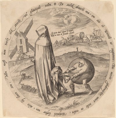 De Misanthrope Bestolen door de Wereld door Hieronymus Wierix after Pieter Bruegel the Elder