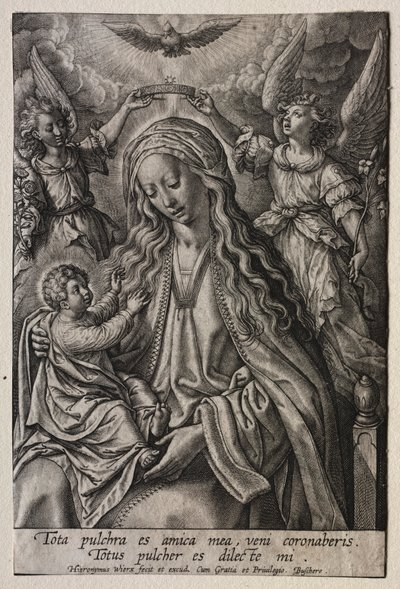 Maagd gekroond door twee engelen door Hieronymus or Jerome Wierix