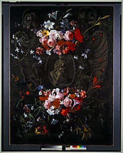 Cartouche met bloemen door Hieronymus the Elder Galle